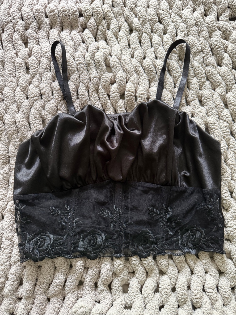 Black Lace-Trim Satin Crop Top